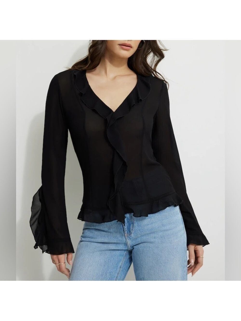 Dynamite Ruffled Flyaway Chiffon Sheer Button Front Blouse